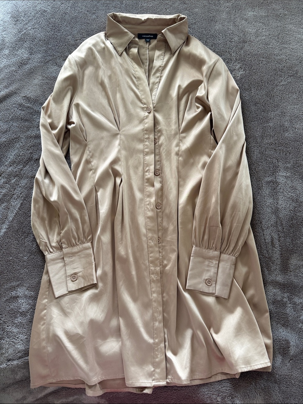 Women's satin Beige Button-Front Shirt Dress